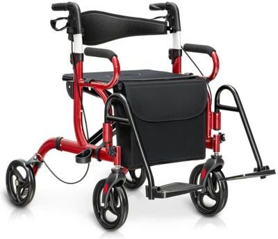 Costway Folding Rollator Walker with 8-inch Wheels and Seat-Red