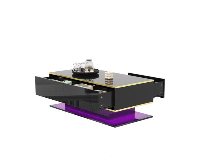 Table basse à LED haute brillance - 3 tiroirs et bande lumineuse led USB (adaptateur/banque D'alimentation requis) - noir