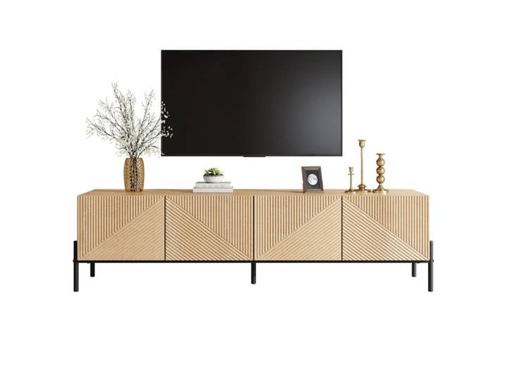 Meuble TV moderne Meuble TV Lowboard rangement à 4 portes design géométrique texture 3D mobilier de salon moderne