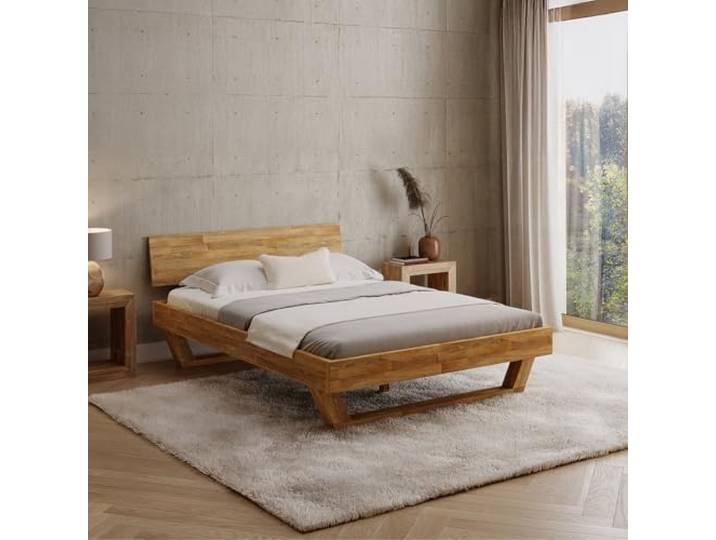 skølm Nornir Massivholzbett 140x200 cm, Bett mit Kopfteil, Massivholz Eiche Bettrahmen mit 1 Strebe & Kufen Bettbeine, aus Massivholz, hochwertiges Holzbett, Bettgestell geölt, geeignet als Doppelbett