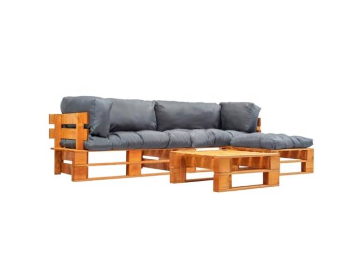 YUTAASU 4-TLG. Paletten Lounge Set Holz mit Grauen Kissen Kesseldruckimprägniertes Kiefernholz, 2 Sofas, Ottomane, Couchtisch, Abnehmbare Kissen