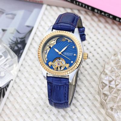 Youfap Market Luxury Fashion Casual Leather Watch For Ladies, Flywheel Double Hollowed Automatic Mechanical Waterproof Timepiece blue