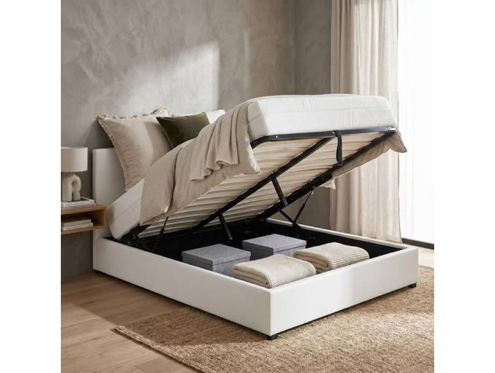 Lit coffre - SAMPUR - Versailles - 160x200 cm - Simili cuir blanc - Coffre 900 L