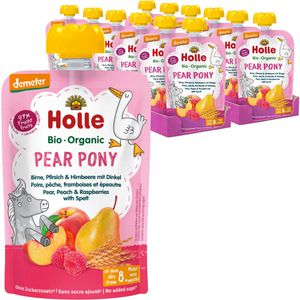 Holle Fruchtpüree Pear Pony, 97% Frucht demeter, BIO, Birne, Pfirsich, Himbeere & Dinkel, je 100 g, 12 Stück