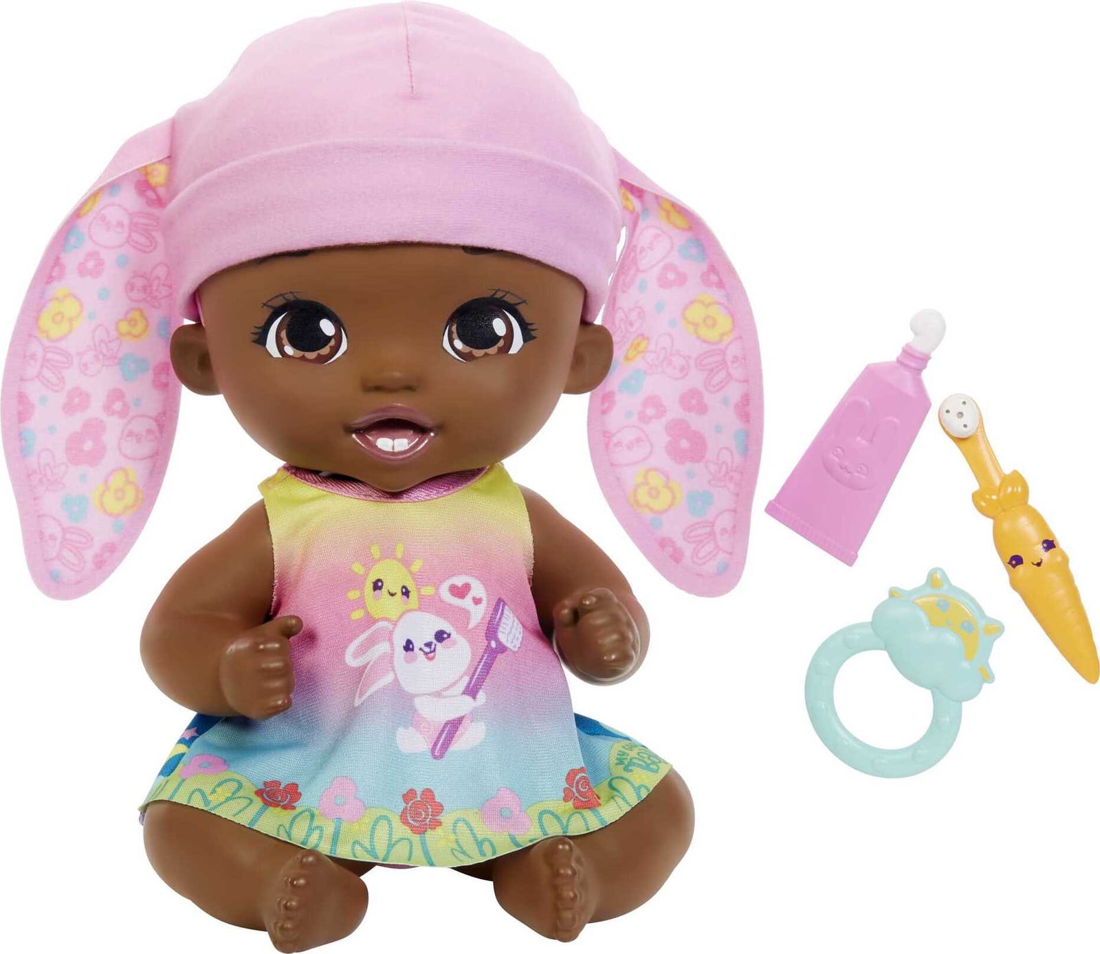 My Garden Baby Konijn-baby pop Roze met 3 accessoires en 2-in-1 omkeerbaar kleedje, 30 cm