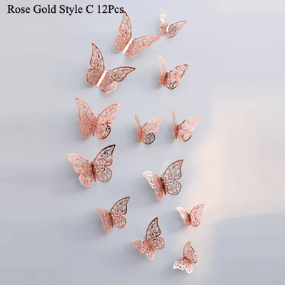 Inspire Picks 3D Mirror Butterfly Wall Stickers DIY Decorative Wall Art Set 12pcs Rose Gold C