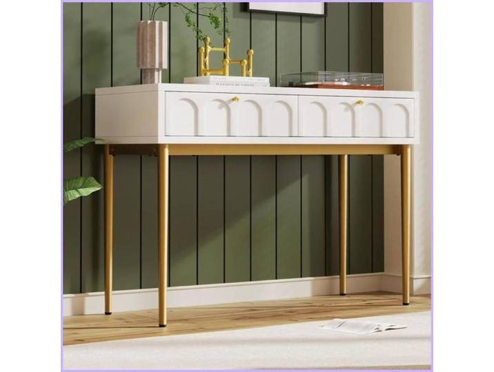 Table de maquillage à 2 tiroirs - Pieds en métal - Crème Blanc - H76.5xL100xP45 cm