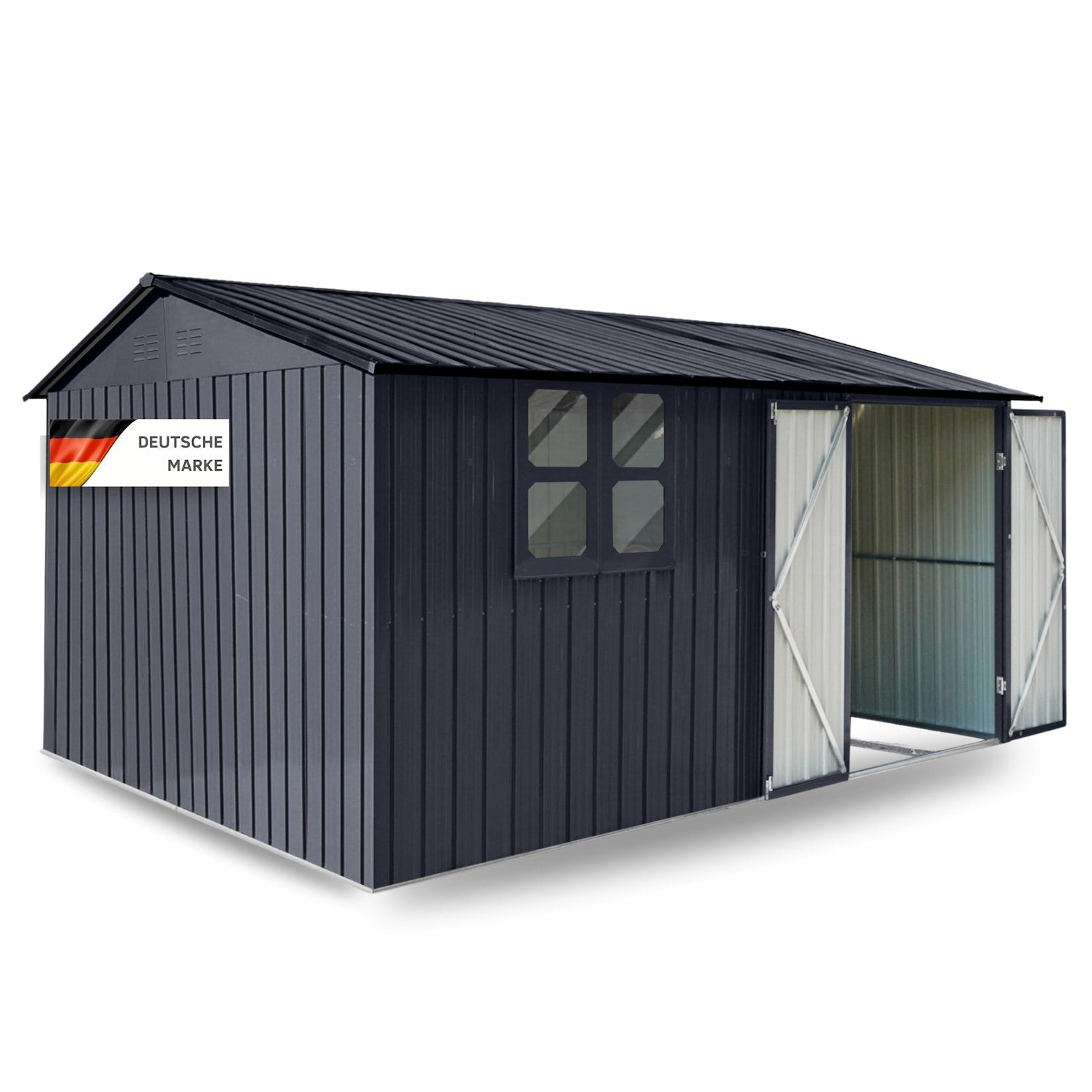 Albatros Profi Gerätehaus XXXL – verzinktes Metall in Anthrazit (RAL 7016) 371x304x201cm (22,6m³) Inkl. Schloss & Werkzeughaken wetterfest