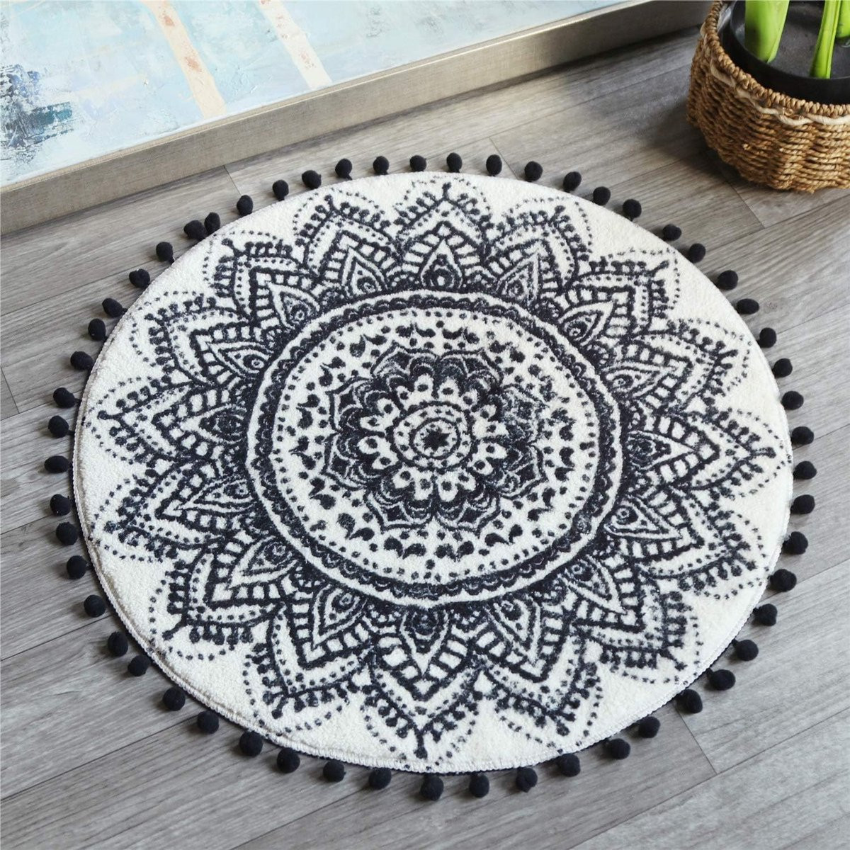 Unyqoos Rond vloerkleed met pompon franjes en antislip, boho stijl, polyester