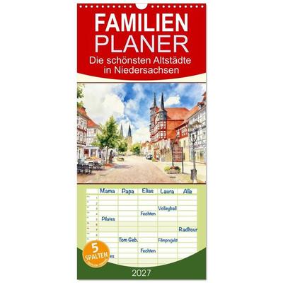 Familienplaner 2027 - Die schönsten Altstädte in Niedersachsen mit 5 Spalten (Wandkalender, 21 x 45 cm) CALVENDO