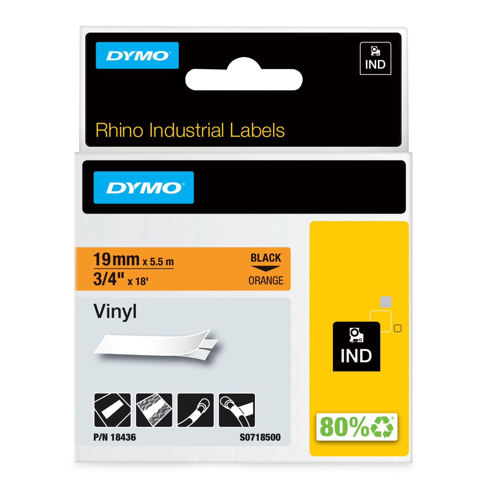 DYMO® Original IND-Schriftband für Rhino, farbiges Vinyl - schwarz auf orange 18436