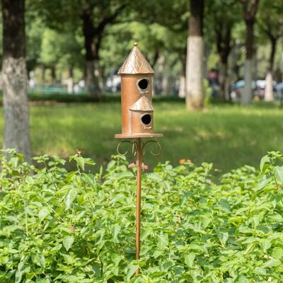 "Glitzhome 53""H Farmhouse Distressed Metal Standing Churchlike Birdhouse Garden Stake"