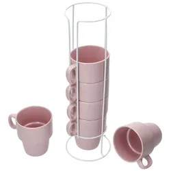 6er Set Kaffeebecher mit Ständer Stata 250ml rosa Tasse Henkel Porzellan stapelbar