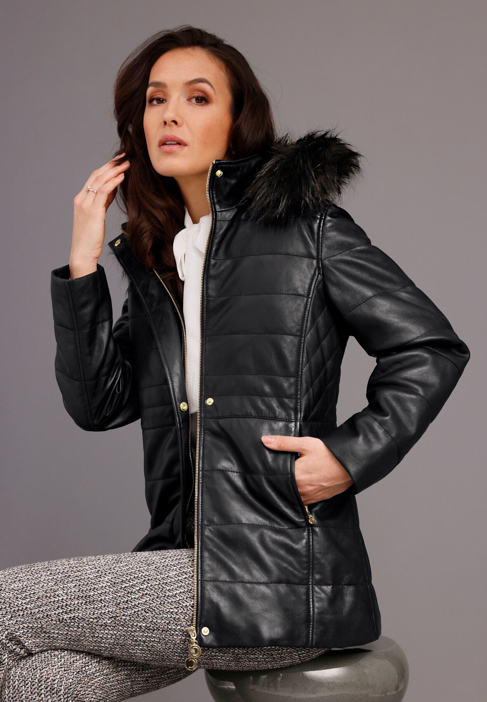 Lederjacke MAINPOL "Lammnappa-Lederjacke Lederjacke", Damen, Gr. 50, schwarz, Elegant, Jacken Lederjacke