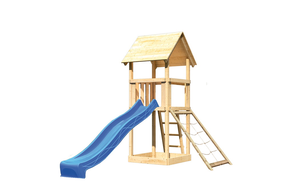 KARIBUHOLZT Akubi Lotti Satteldach natur Rutsche blau+Netzrampe 16937893