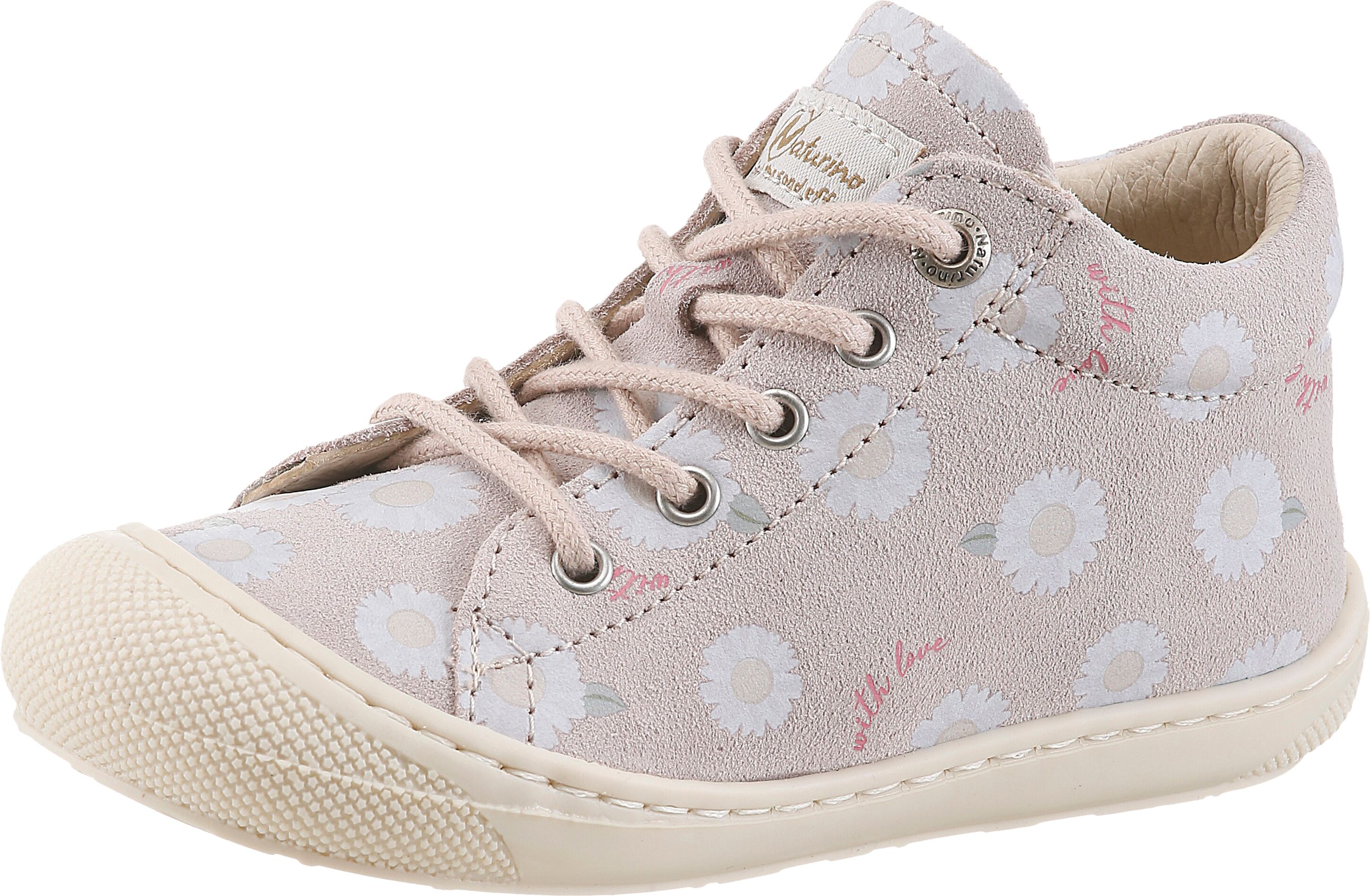 Lauflernschuh NATURINO "COCOON SUEDE", Mädchen, Gr. 25, beige (rosa), Veloursleder, geblümt, Schuhe Lauflernschuh, Babyschuh mit Print, Grössenschablone zum Download rosa 25