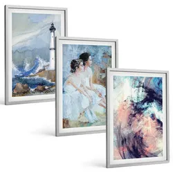 BILDER SET 3er Set - 40x60 cm Silberner Rahmen - Leuchtturm-Abstrakte Tänzerin