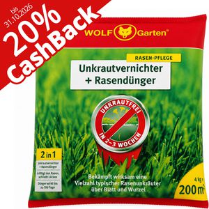 Wolf-Garten Unkrautvernichter 2-in-1 plus Rasendünger SQ 200, 20% Cashback, anwendungsfertiges Granulat, bis zu 200 m², 4 kg