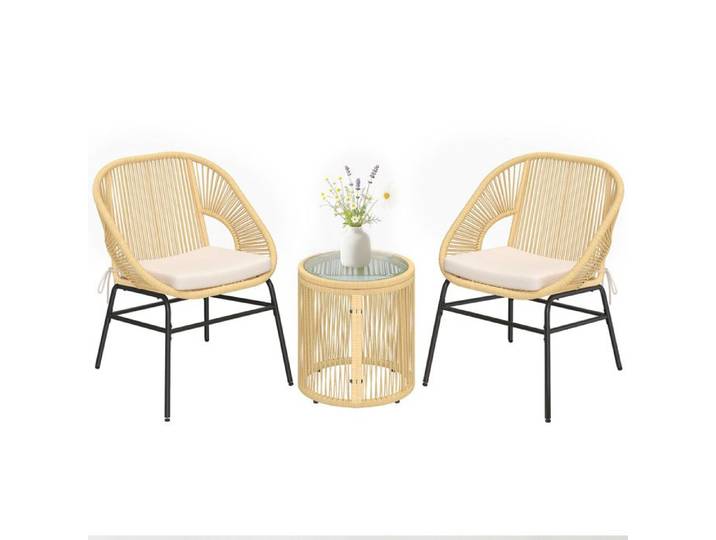Ensemble bistro - salon de balcon - Outsunny - 3 pièces 2 fauteuils confortables et table en verre trempé - résine tressée - beige