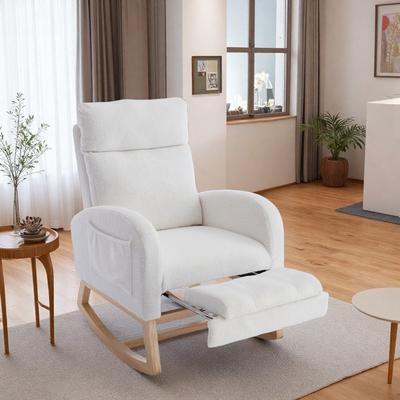 Teddy Rocking Chair with Thickened Headrest and High Backrest and Storage Pocket and Solid Wood Base