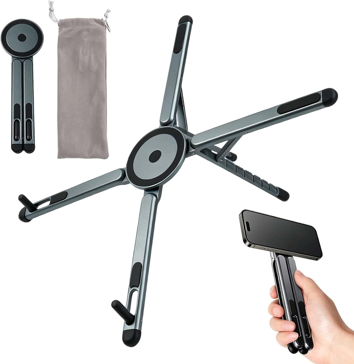 Inklapbare laptopstandaard van aluminium met hoes, grijs