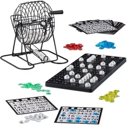 Relaxdays Bingospiel mit Lostrommel Weiß,Schwarz