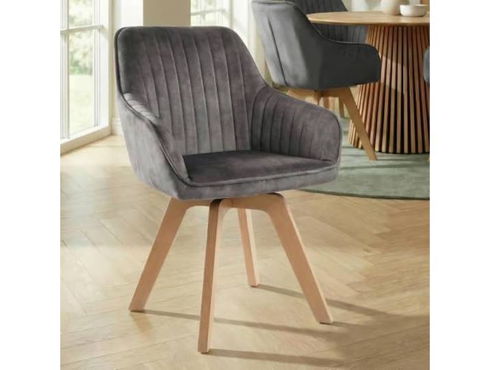 Stuhl LIVORNO - 42x56cm - grau - Samt Holz-Beine drehbar Armlehne Auto-Return-Funktion, Ziersteppung, hoher Komfort, bequeme Polsterung, stabil, Massivholz, Design, Eyecatcher