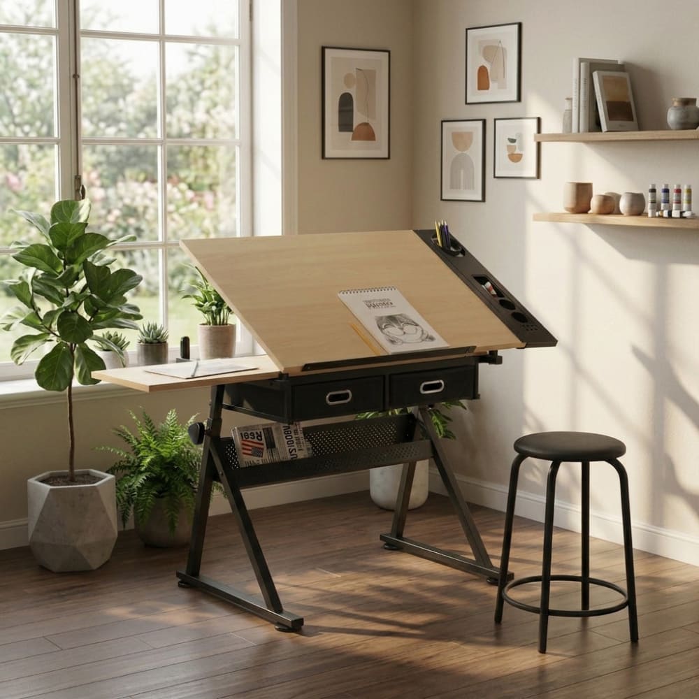 Urban Meuble Table à dessin effet bois avec plateau inclinable avec tiroirs Marron 98x69x60cm