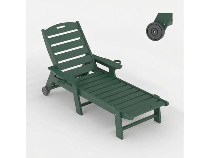 Chaise longue HDPE 5 positions pour extérieur - Transat résine avec porte-gobelet et roulettes capacité 204 kg Vert