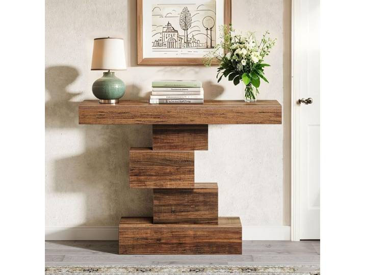 Console table d'entrée 108 x 30 x 80 cm base géométrique texture grain de bois marron