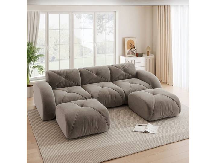 Canapé modulable - ZEVKOR - Canapé modulable en U - 3 places - Chenille taupe - 2 poufs inclus