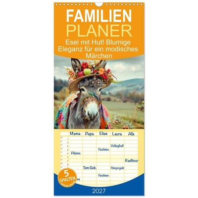 Familienplaner 2027 - Esel mit Hut! Blumige Eleganz für ein modisches Märchen mit 5 Spalten (Wandkalender, 21 x 45 cm) CALVENDO