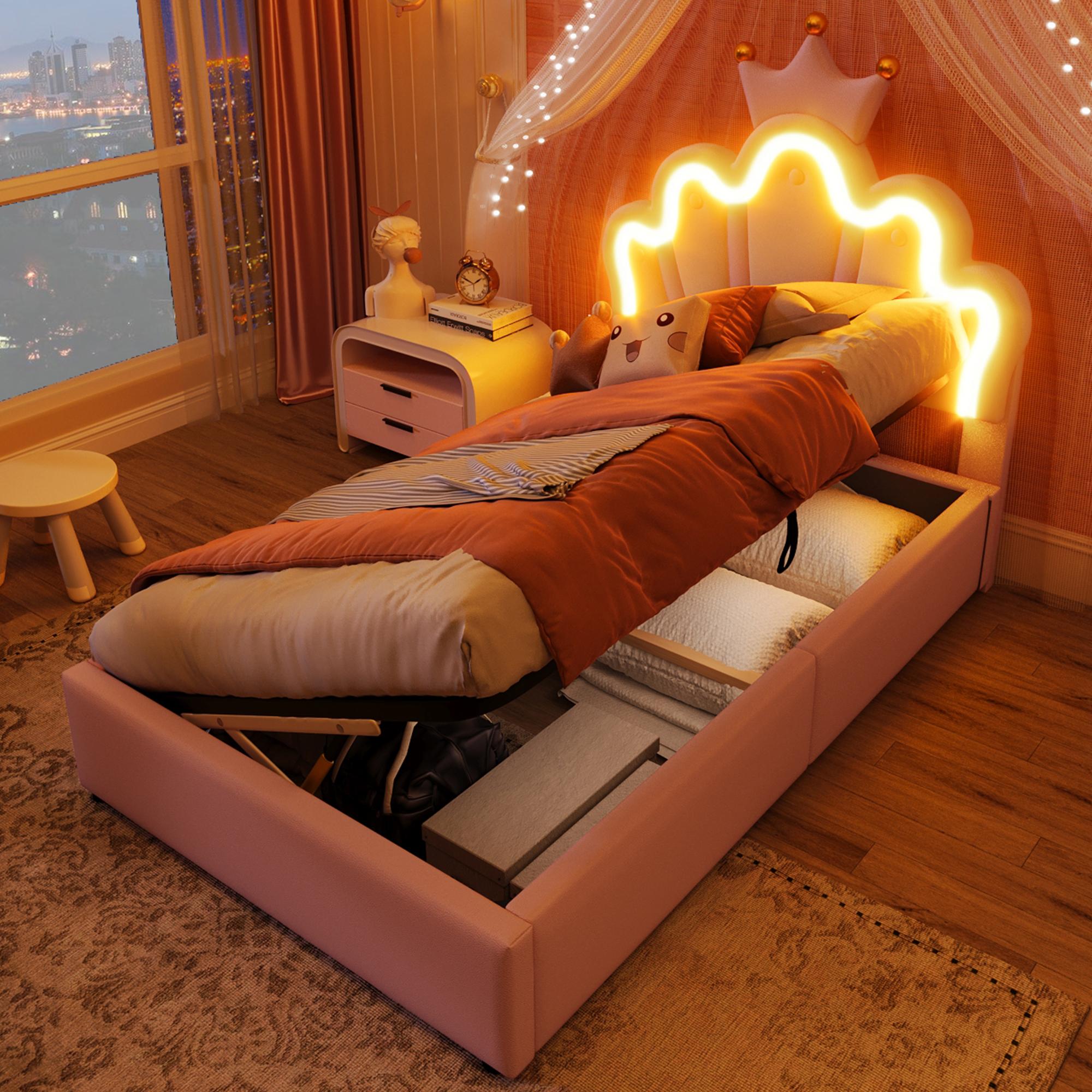 Abrihome Kinderbett 90x200 cm Prinzessinnenbett mit LED-Beleuchtung, Polsterbett mit Kronenförmigem Kopfteil, Rosa