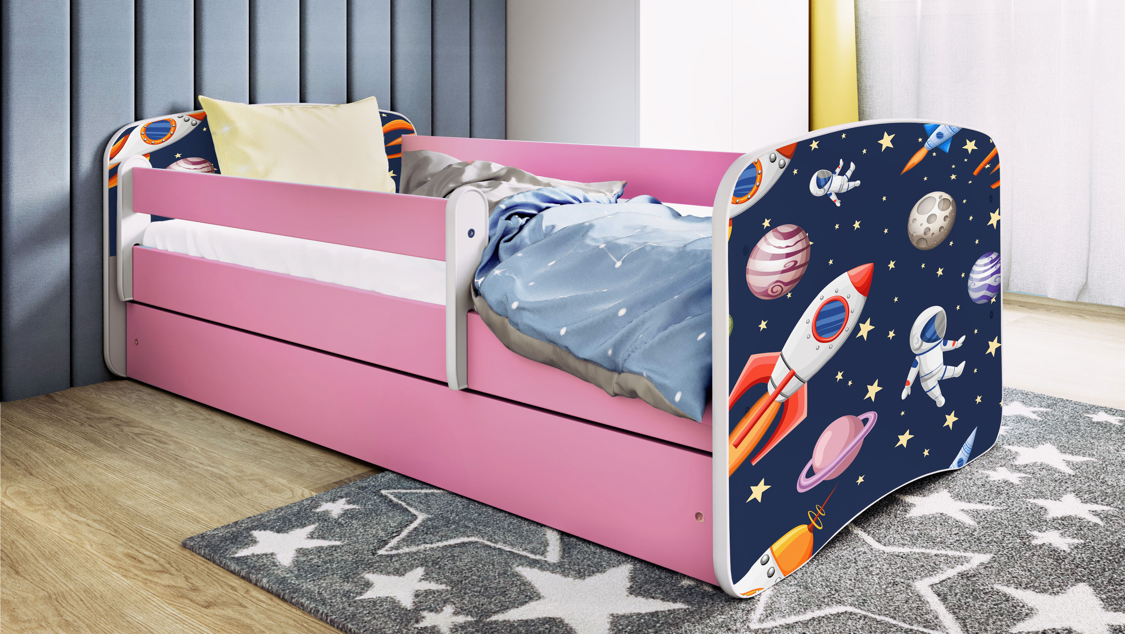 Kinderbett Jugendbett Kosmos 70x140, 80x160, 80x180 cm - Komplettset mit Schublade & Rausfallschutz