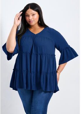 Plus Size Women's Amy Tiered Bell Sleeve Blouse by Avenue in Navy (Size 18)