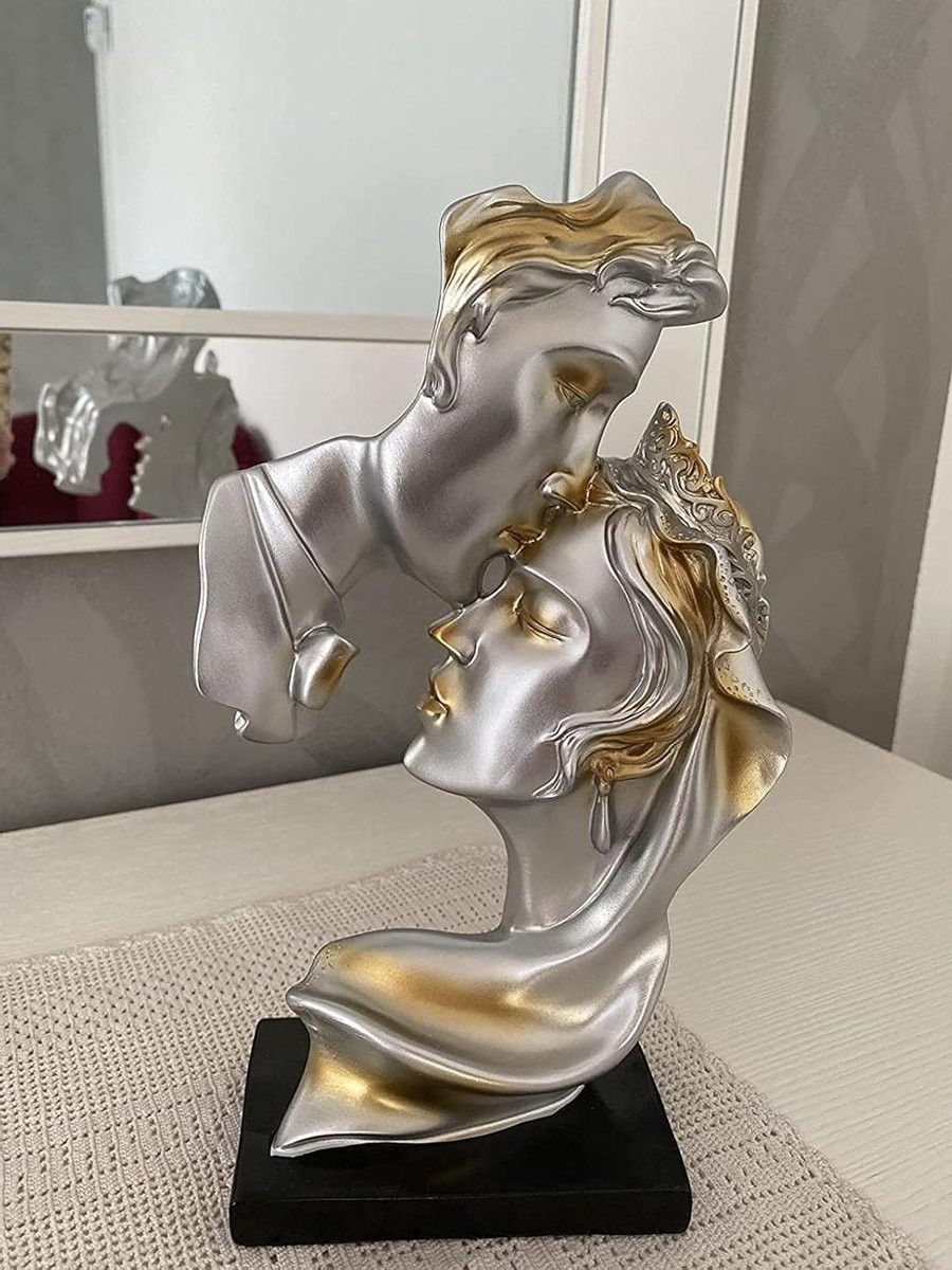 Abstract Liefdes Sculptuur Koppel Beeld voor Huisdecoratie - Grijs - 26 x 12 cm