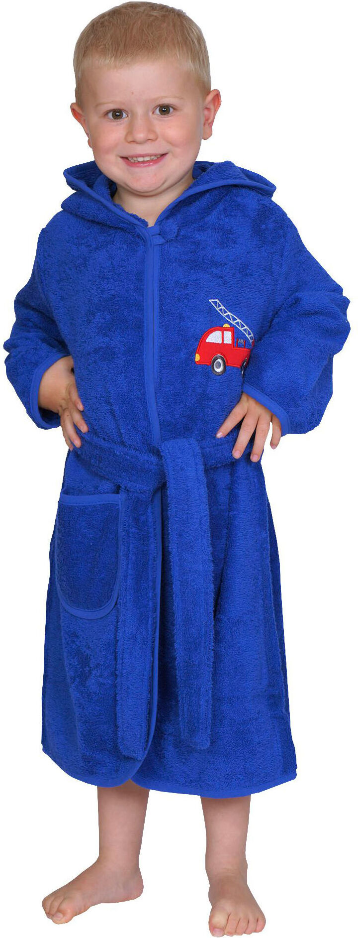 Kinderbademantel WÖRNER "Feuerwehr royalblau" Gr. 98, blau (royalblau), L:65cm, Frottier, Hausmäntel, Kinderbademantel, mit Stickerei, mit Tasche, maschinenwaschbar royalblau 98/104 L: 65cm