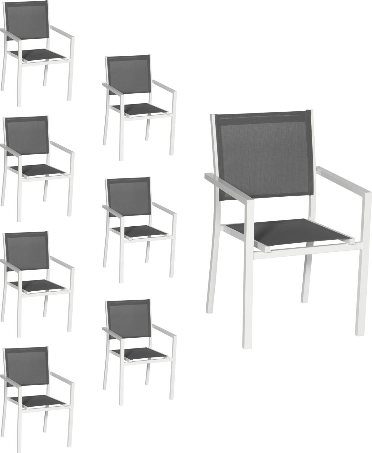 8er Set Stühle aus weißem Aluminium - graues Textilene