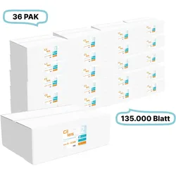 Blanc HYGIENIC Falthandtücher 20,5x24cm, 2-lg, 36 Pak, 135.000Blatt gesamt, 3.750Blatt/ Pak, 100% Zellstoff, Z-Falz, CIL- les Tissue, Series D