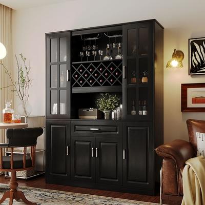 "74.1"" Tall Wine Cabinet with Wine Rack & Glass Holder, 4-Door Storage Cabinet with Drawer & Open Shelves - N/A"