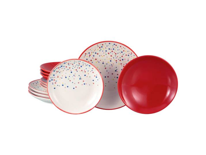 Creatable Tafelservice Joy Rot-bunt, Creme, Rot, Keramik, 12-teilig, Punkte, handbemalt, lebensmittelecht, stapelbar, Geschirr, Geschirrsets, Tafelservice