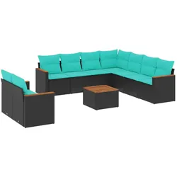 vidaXL 10-teiliges Gartensofa-Set mit Kissen, schwarzes Polyrattan