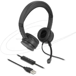 Delock USB Stereo Headset mit Kabelfernbedienung und Quick-Mute Taste für PC und Notebook (Kabelgebunden, USB-A), Office Headset, Schwarz