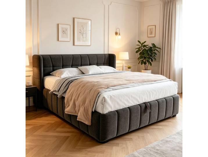 Lit coffre 180x200 cm URTR lit rembourré gris cadre lin tête capitonnée sommier lattes rangement pneumatique sous lit
