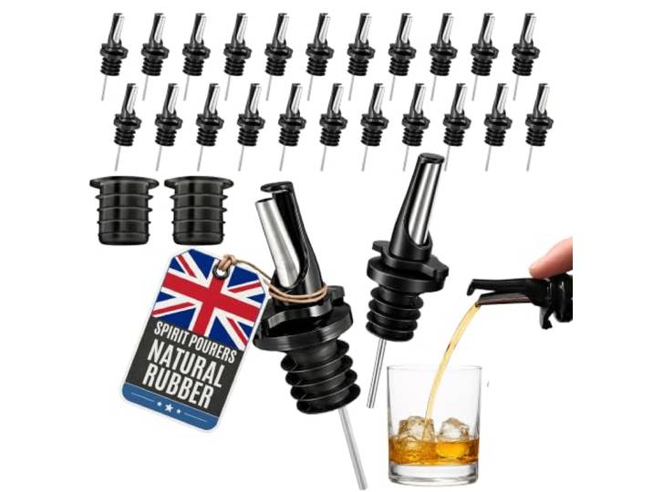 (24 Stück) Flaschenausgießer für Likör & Alkohol – Hygienische ClickSeal Speed Pourer, Spülmaschinenfest, Auch für Olivenöl, Saft & Sirup – Schwarz 24er-Set mit 2 Adaptern für Großflaschen