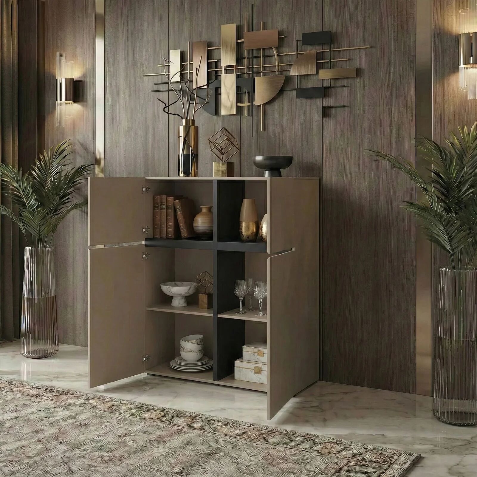 garneroarredamenti Credenza alta 120x139h cm 4 ante moderna tortora nero Lolla