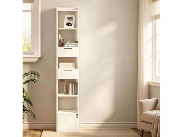 MEULVA Bibliothèque étroite blanche 33 x 24 x 181 cm 6 étagères 2 tiroirs et porte