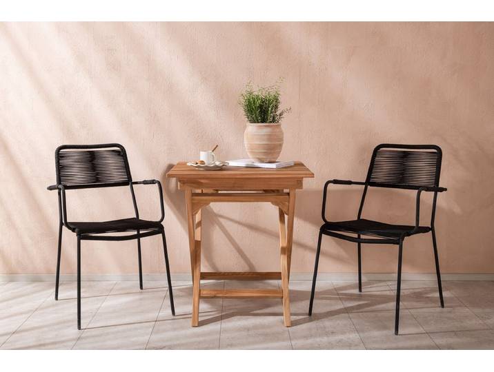 Garten Cafegruppe Zivano – 3 teiliges Set mit Teakholz-Tisch - Natur-Schwarz - Luxusbetten24