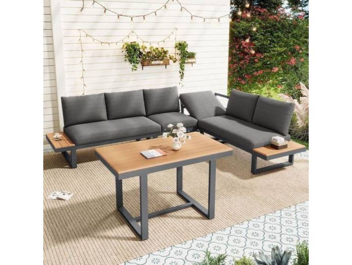 Salon de jardin exterieur disposition coin inclinaison réglable 5 niveaux jusquà 55° avec table à manger gris noir