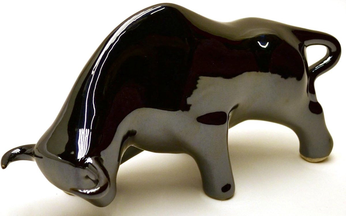 Handgemaakt Keramisch Stier Beeld in Metaalkleur - Uniek Handgeschilderd Decoratie voor op de Tafel - Hoogte: 27 cm